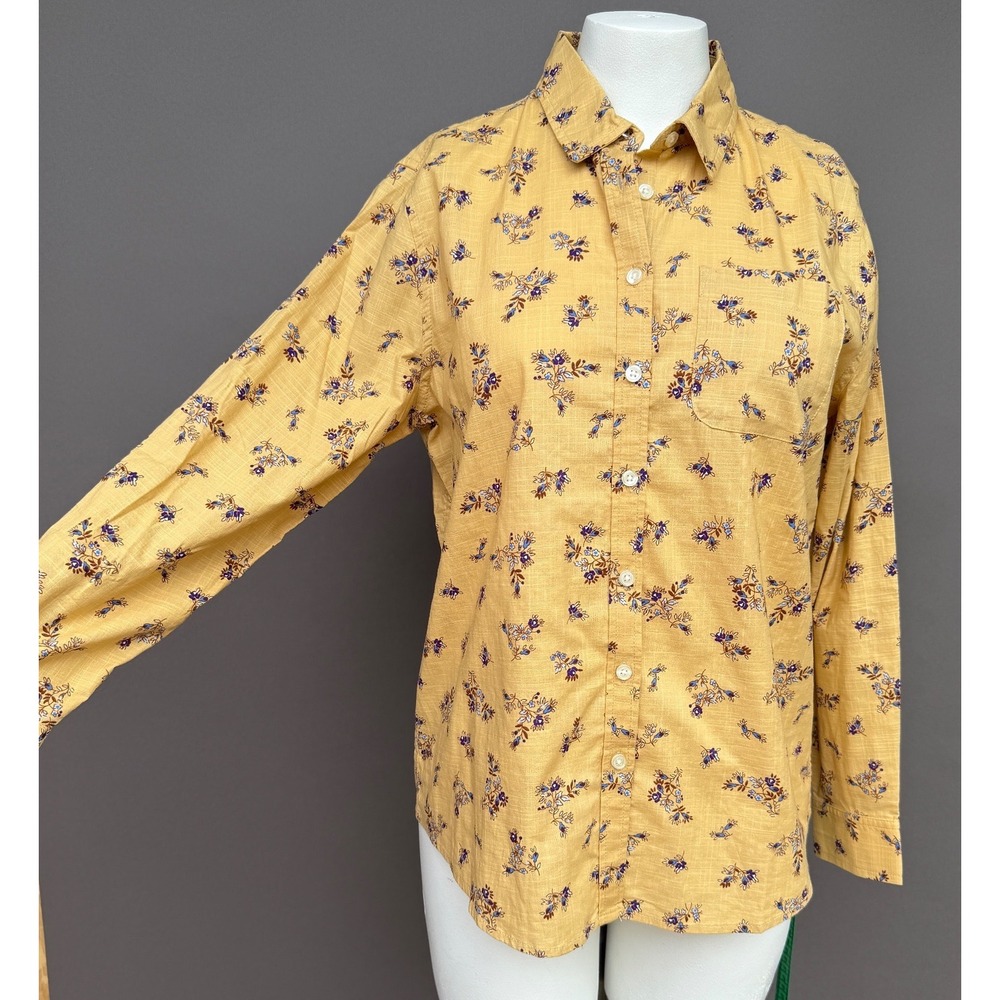 LL Bean Women Medium Yellow Floral Button Down Shirt Roll Tab Sleeve Cottagecore